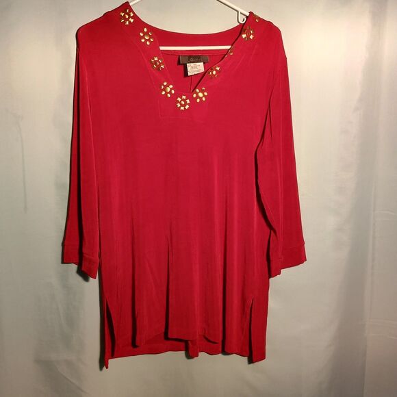 Red Embellished Tunic Top for Women – 3/4 Sleeve Boho Style Blouse - Picture 1 of 5